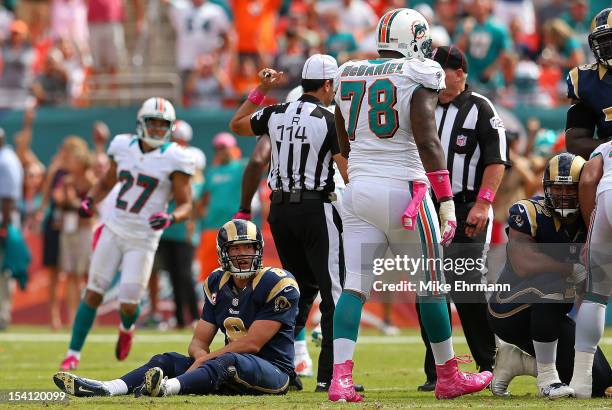 Sam Bradford of the St. Louis Rams looks on during a game against the Miami Dolphins at Sun Life Stadium on October 14, 2012 in Miami Gardens,...