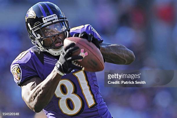 Wide receiver Anquan Boldin of the Baltimore Ravens pulls in a catch in the third quarter against the Dallas Cowboys at M&T Bank Stadium on October...