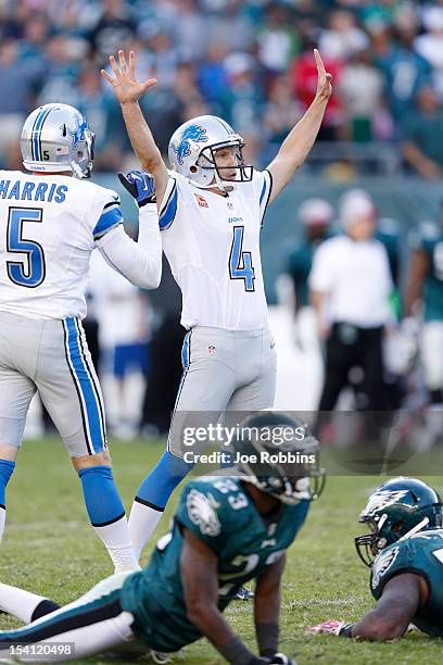 Jason Hanson of the Detroit Lions celebrates after kicking a 45-yard field goal in overtime against the Philadelphia Eagles at Lincoln Financial...