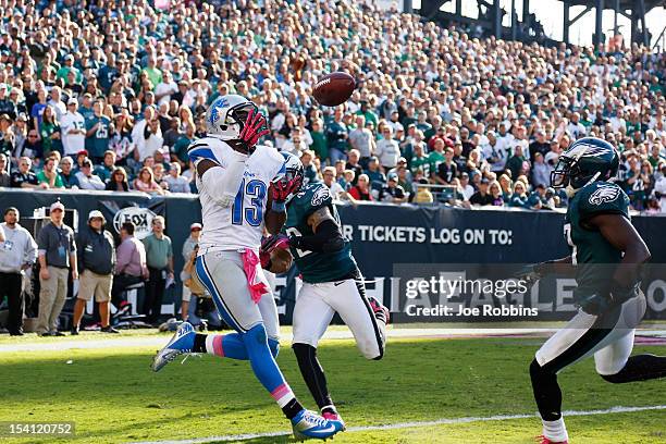 Nate Burleson of the Detroit Lions catches a 17-yard touchdown pass in the fourth quarter against the Philadelphia Eagles at Lincoln Financial Field...