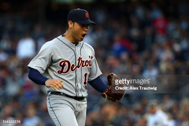 Anibal Sanchez of the Detroit Tigers reacts after Russell Martin of the New York Yankees grounded out for the final out in the bottom of the sixth...