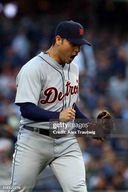 Anibal Sanchez of the Detroit Tigers reacts after Russell Martin of the New York Yankees grounded out for the final out in the bottom of the sixth...