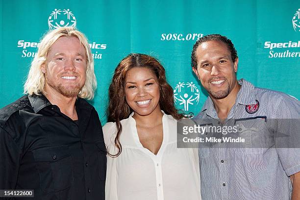 Athete Breaux Greer, actress Raquel Bell and Josh Johnson pose during the Special Olympics Southern California 14th Annual Pier Del Sol Event at...