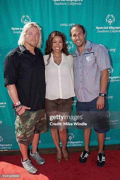 Athete Breaux Greer, actress Raquel Bell and Josh Johnson pose during the Special Olympics Southern California 14th Annual Pier Del Sol Event at...