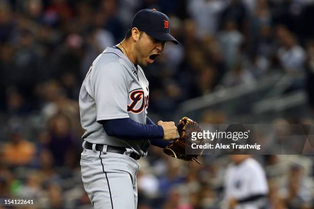 Anibal Sanchez of the Detroit Tigers reacts after he struck out Jayson Nix of the New York Yankees to end the bottom of the seventh inning during...