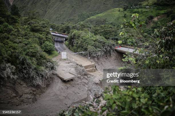 Washed out road after an avalanche in Quetame, Colombia, on Tuesday, July 18, 2023. The sudden increase of water levels in the Naranjal ravine caused...