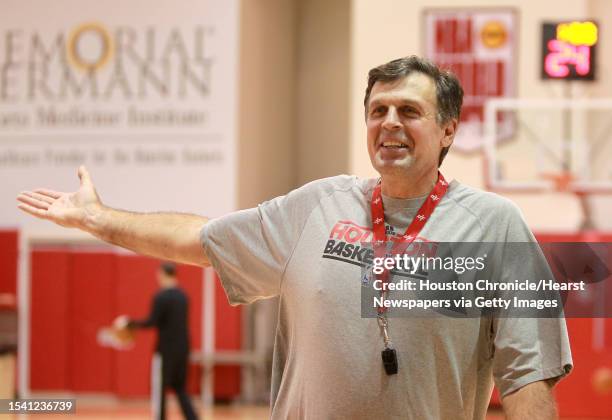 Houston Rockets head coach Kevin McHale teases players who miss jump shots during training camp, Friday, Dec. 9 in the Rockets training facility...