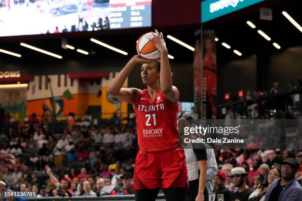 Iliana Rupert of the Atlanta Dream shoots a three point basket during the game against the Minnesota Lynx on July 18, 2023 at Gateway Center Arena at...