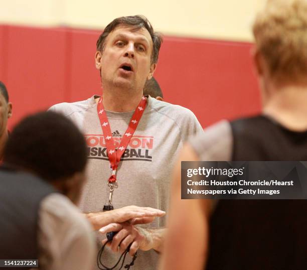 Houston Rockets head coach Kevin McHale talks to his players as he brings training camp to a close, Friday, Dec. 9 in the Rockets training facility...