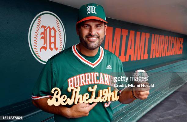The Miami Hurricanes head baseball coach J.D. Arteaga poses for a portrait at Alex Rodriguez Park at Mark Light Field on Tuesday, July 18, 2023.