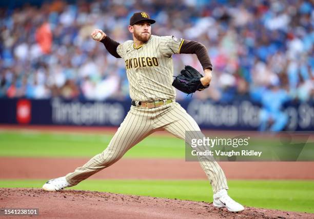 Joe Musgrove of the San Diego Padres delivers a pitch in the first inning against the Toronto Blue Jays at Rogers Centre on July 18, 2023 in Toronto,...