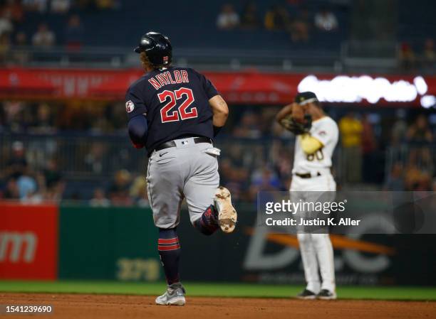 Josh Naylor of the Cleveland Guardians rounds the bases after hitting a two-run home run in the ninth inning against the Pittsburgh Pirates during...
