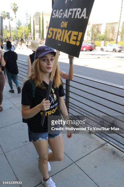 Joey King walks the picket line in support of the SAG-AFTRA and WGA strike on July 18, 2023 in Los Angeles, California.