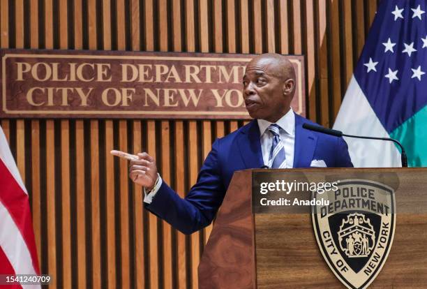 New York City Mayor Eric Adams speaks during the his and NYPD Commissioner Caban's public safety-related announcement at the Police Plaza, Manhattan...