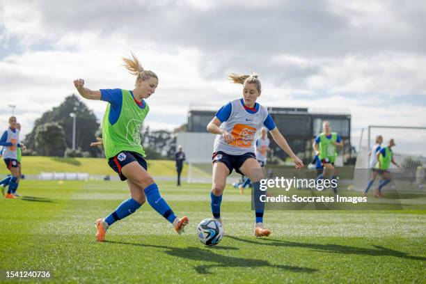 Jackie Groenen of Holland Women Wieke Kaptein of Holland Women during the Training WomenTraining Holland Women at the Bay Oval on July 19, 2023 in...