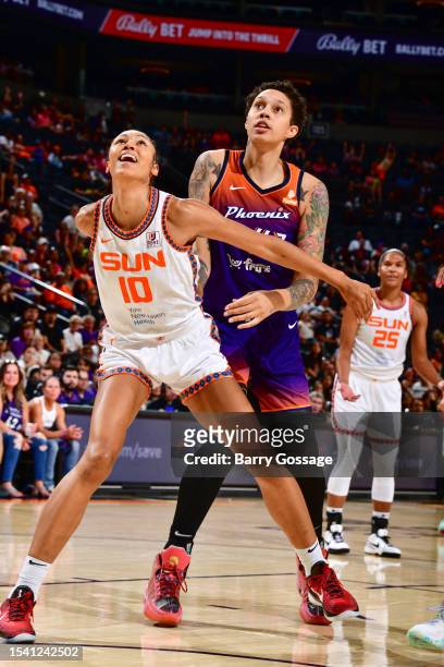 Olivia Nelson-Ododa of the Connecticut Sun boxes out during the game against Brittney Griner of the Phoenix Mercury on July 18, 2023 at Footprint...