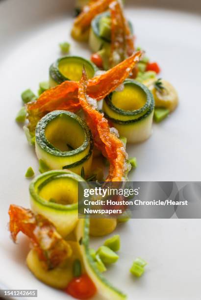 The Pass and Provisions: Marinated zucchini, squash blossoms and pureed fava beans. Pass, marinated zucchini squash, squash blossoms, and pureed fav...