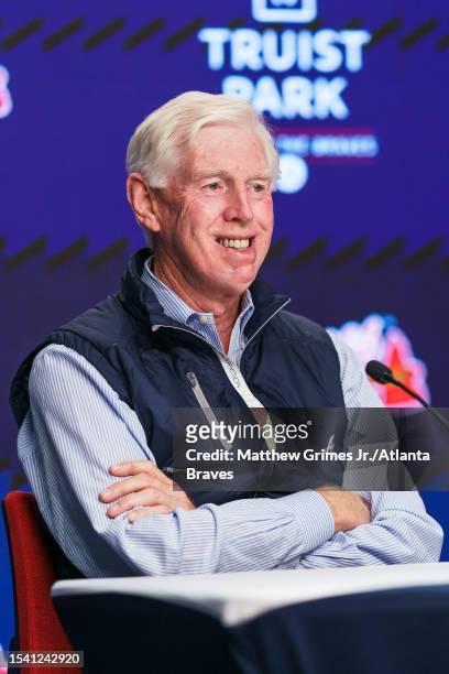 Terry McGuirk, chariman of the Atlanta Braves speaks to the media before the game against the Arizona Diamondbacks at Truist Park on July 18, 2023 in...