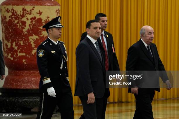 Algerian President Abdelmadjid Tebboune arrives for a meeting with Chinese Premier Li Qiang at the Great Hall of the People on July 19, 2023 in...