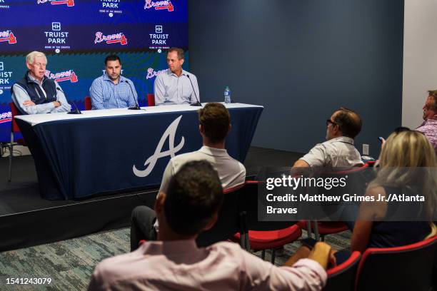 Terry McGuirk, chariman of the Atlanta Braves, General Manager Alex Anthopoulos and Derek Schiller, President and CEO of the Atlanta Braves speak to...