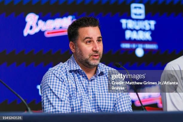 Atlanta Braves General Manager Alex Anthopoulos speaks to the media before the game against the Arizona Diamondbacks at Truist Park on July 18, 2023...