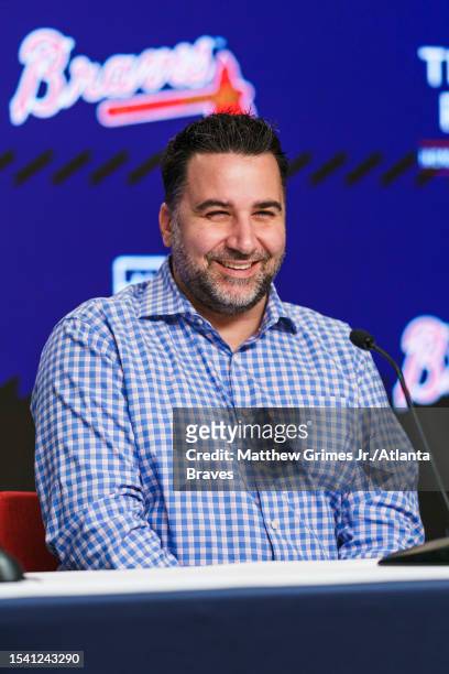 Atlanta Braves General Manager Alex Anthopoulos speaks to the media before the game against the Arizona Diamondbacks at Truist Park on July 18, 2023...