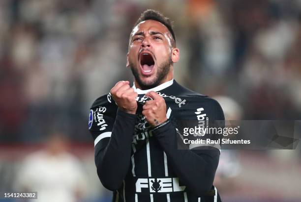 Maycon of Corinthians celebrates after scoring the team's first goal during the second leg of the round of 32 playoff match between Universitario and...