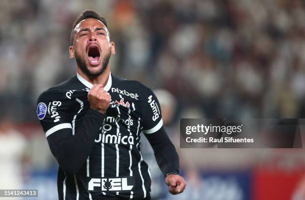 Maycon of Corinthians celebrates after scoring the team's first goal during the second leg of the round of 32 playoff match between Universitario and...