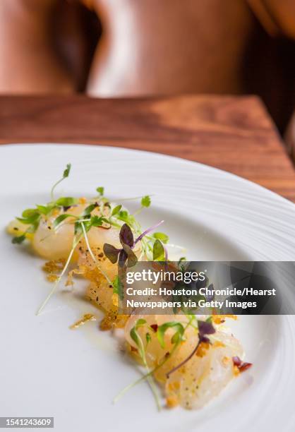 ** Top 100 Restaurants ** Salt Air's Snapper Crudo with thai chili, crispy shallot, finger lime, aromatic herbs, and lime vinaigrette. Photographed...