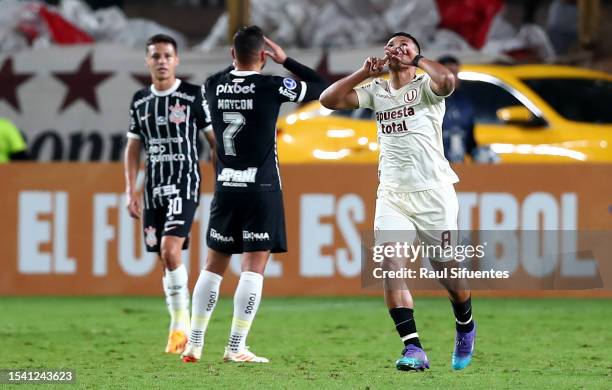 Edison Flores of Universitario celebrates after scoring the team's first goal during the second leg of the round of 32 playoff match between...