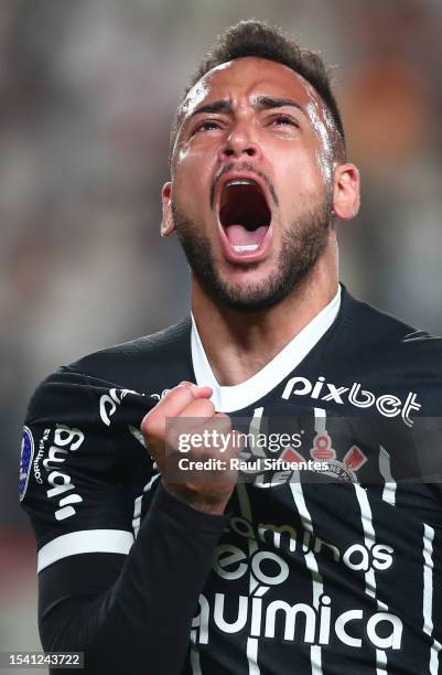 Maycon of Corinthians celebrates after scoring the team's first goal during the second leg of the round of 32 playoff match between Universitario and...