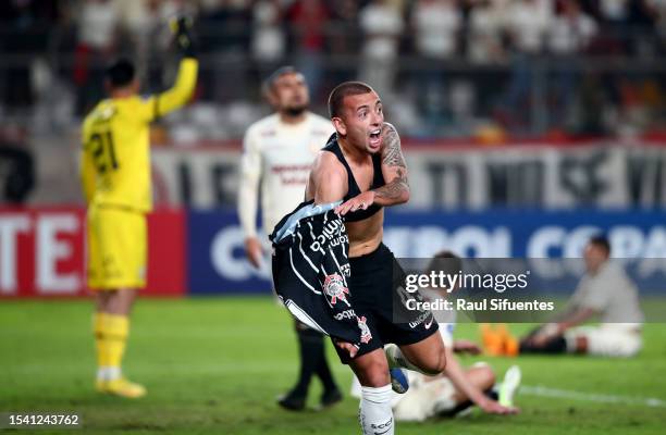 Ryan de Lima of Corinthians celebrates after scoring the team's second goal during the second leg of the round of 32 playoff match between...