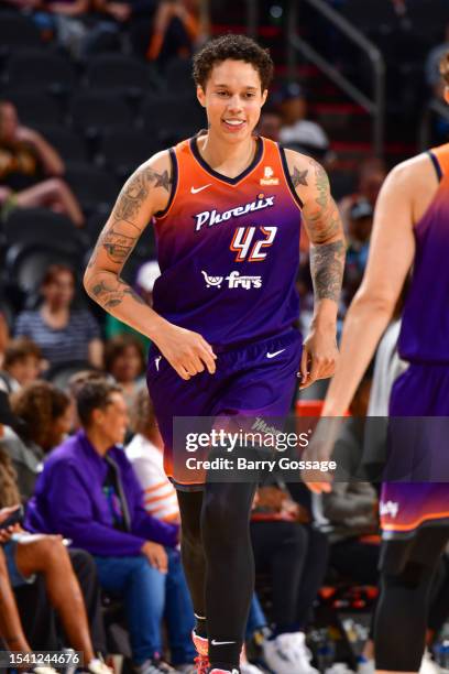 Brittney Griner of the Phoenix Mercury looks on during the game on July 18, 2023 at Footprint Center in Phoenix, Arizona. NOTE TO USER: User...