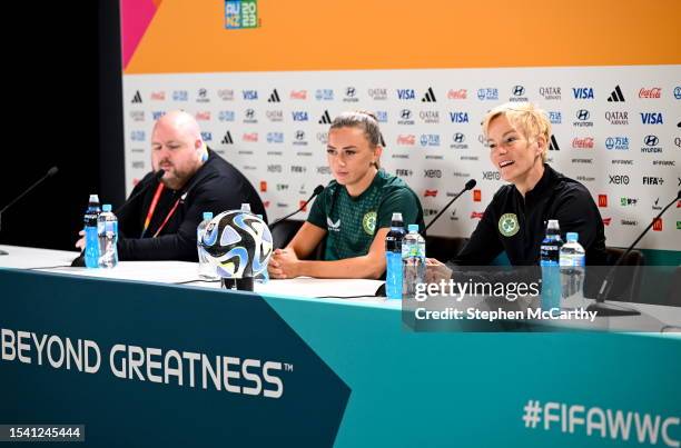 Sydney , Australia - 19 July 2023; Katie McCabe, centre, and manager Vera Pauw, right, during a Republic of Ireland press conference at Stadium...