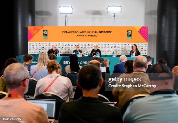 Sydney , Australia - 19 July 2023; Katie McCabe, second from left, and manager Vera Pauw, second from right, during a Republic of Ireland press...