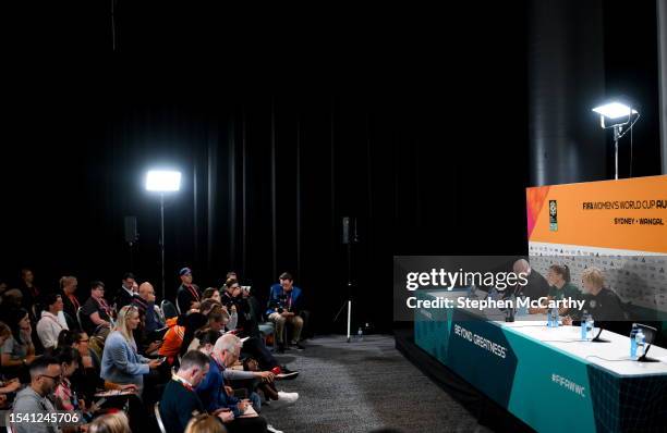 Sydney , Australia - 19 July 2023; Katie McCabe, centre, and manager Vera Pauw during a Republic of Ireland press conference at Stadium Australia in...