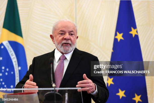 Brazil's President Luiz Inacio Lula da Silva addresses media during a press conference, the day after the end of the EU- CELAC Summit in Brussels on...