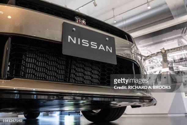 The front grill of a Nissan GT-R coupe is pictured during a media tour of Japanese automaker Nissan's engine plant in Yokohama, Kanagawa prefecture...