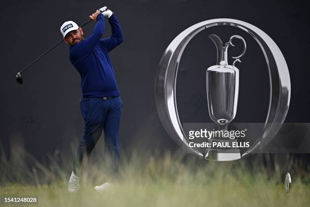 South Africa's Louis Oosthuizen watches his drive from the 1st tee during a practice round for 151st British Open Golf Championship at Royal...