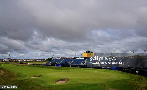 General view of the 18th green during a practice round for 151st British Open Golf Championship at Royal Liverpool Golf Course in Hoylake, north west...