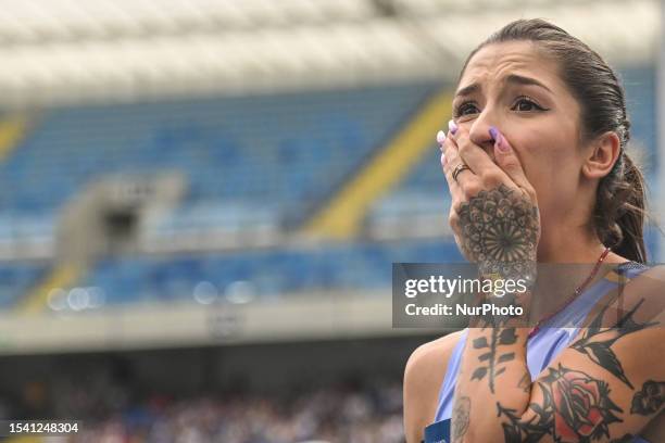 Emotional and happy Ewa Swoboda of Poland after she improve her PB with 10.94 in the Women's 100m, during the SILESIA Kamila Skolimowska Memorial...