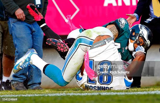 Wide receiver Calvin Johnson of the Detroit Lions catches a pass along the sidelines and is knocked out of bounds by Kurt Coleman of the Philadelphia...