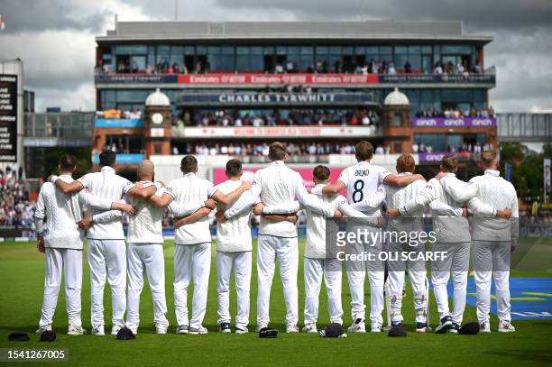 England players line up for the National Anthems ahead of play on the opening day of the fourth Ashes cricket Test match between England and...