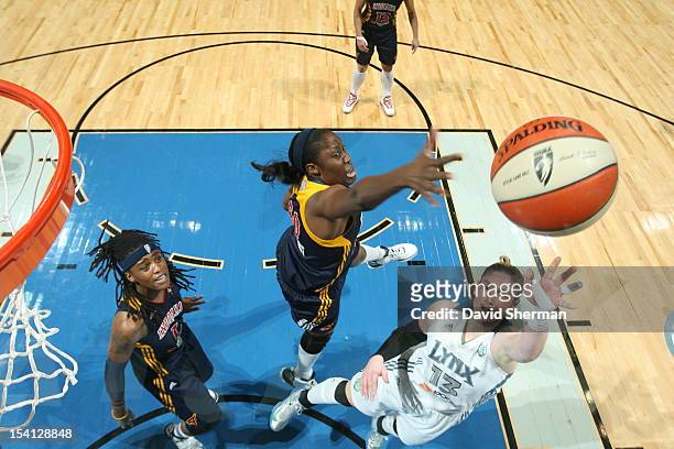 Lindsay Whalen of the Minnesota Lynx shoots the ball against Jessica Davenport of the Indiana Fever during the 2012 WNBA Finals Game One on October...