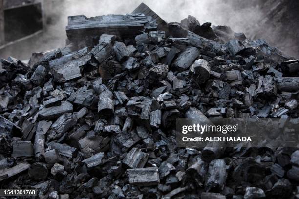 Pile of charcoal by charcoal burner Peter Wieser is pictured in Rohr im Gebirge, Lower Austria, on July 18, 2023. Peter and his wife Gertrude Wieser...