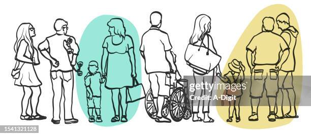 diversity sidewalk crowd sketch blue yellow blobs - helping elderly parent stock illustrations