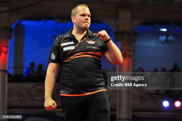 Dirk van Duijvenbode of the Netherlands during Day 2 of the 2023 Betfred World Matchplay at the Winter Gardens on July 16, 2023 in Blackpool, United...