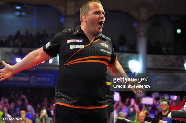 Dirk van Duijvenbode of the Netherlands during Day 2 of the 2023 Betfred World Matchplay at the Winter Gardens on July 16, 2023 in Blackpool, United...