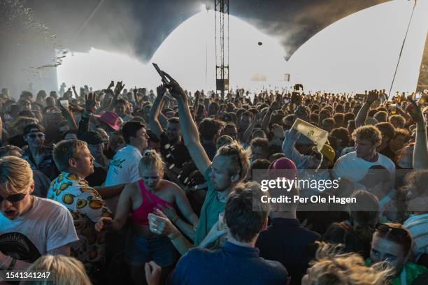 The crowd is seen as Honningbarna performs during day 2 of the Slottsfjell Festival 2023 on July 13, 2023 in Tonsberg, Norway.