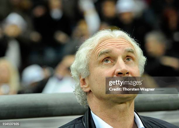 Head coach Rudi Voeller looks on prior to the century match between Germany and Italy at Commerzbank Arena on October 14, 2012 in Frankfurt am Main,...